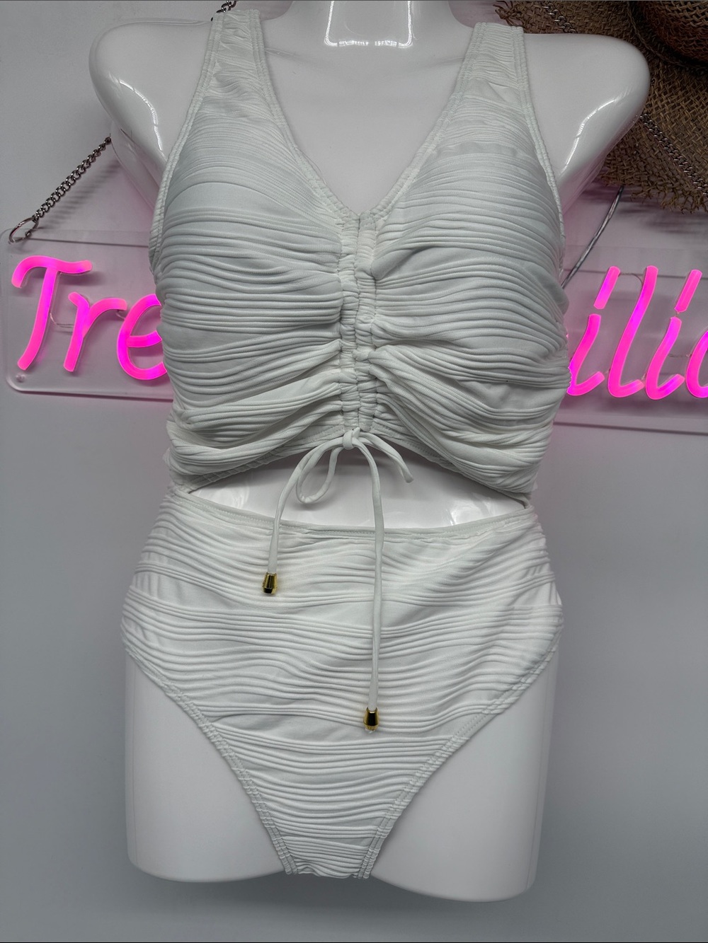 Cupshe White Ruched Drawstring One-Piece Swimsuit